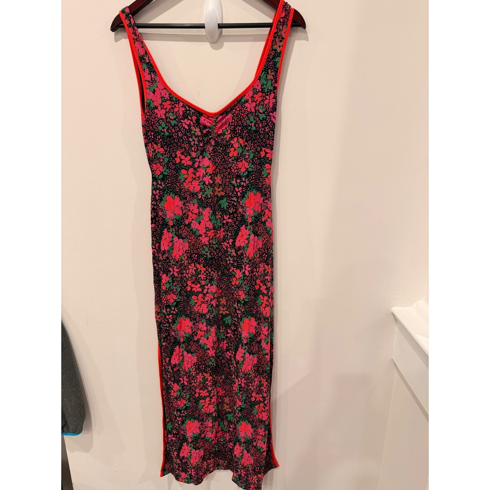 Free People‎ Clementine Floral Midi Dress Black Pink Green Ruched S OB1156828